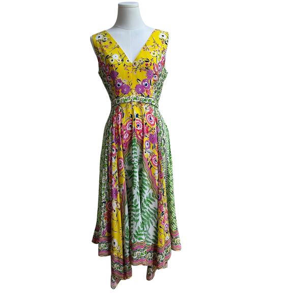 SALONI Zuri Handkerchief-hem Floral Silk Dress V Neckline Back Zip Sleeveless 10